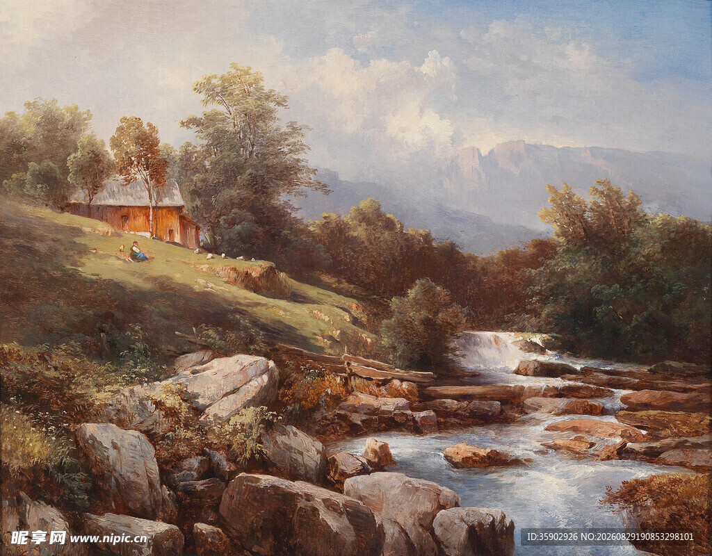 溪边小屋风景油画