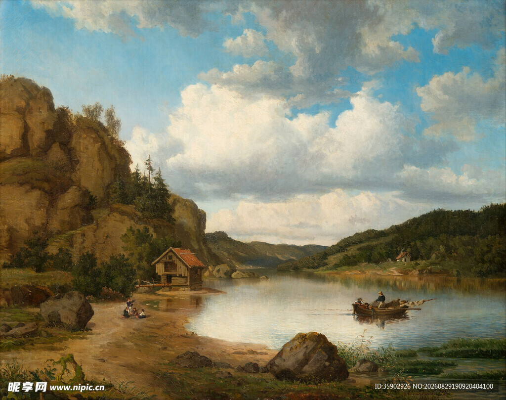 河畔风景油画