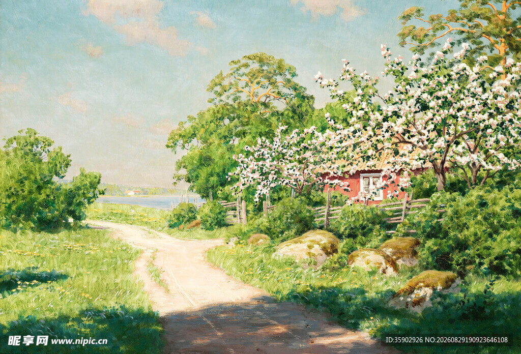 乡村小路旁的绿意小屋