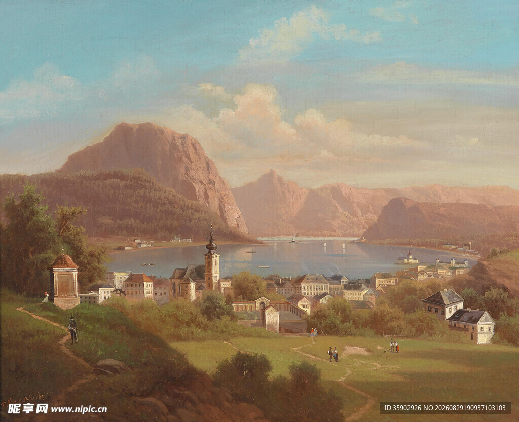 湖畔山村风景油画