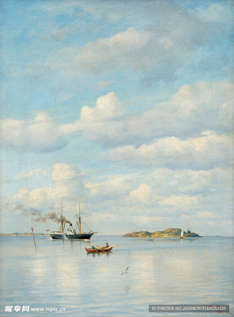 海上船只与岛屿风景图
