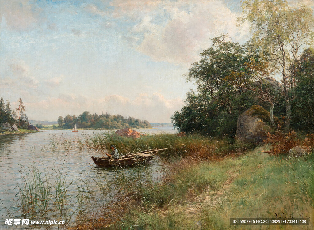 河畔小船风景油画