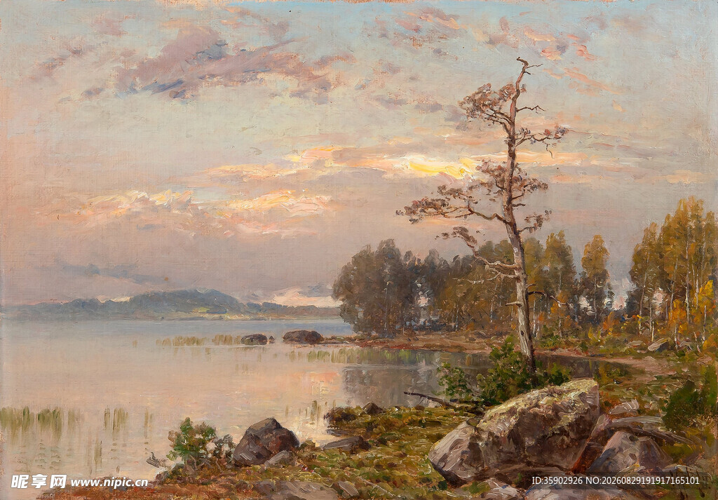 湖畔黄昏风景油画