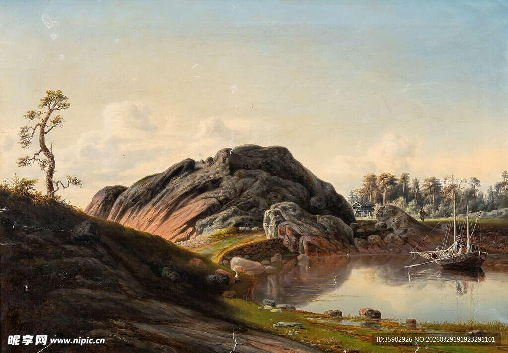湖畔山丘风景油画
