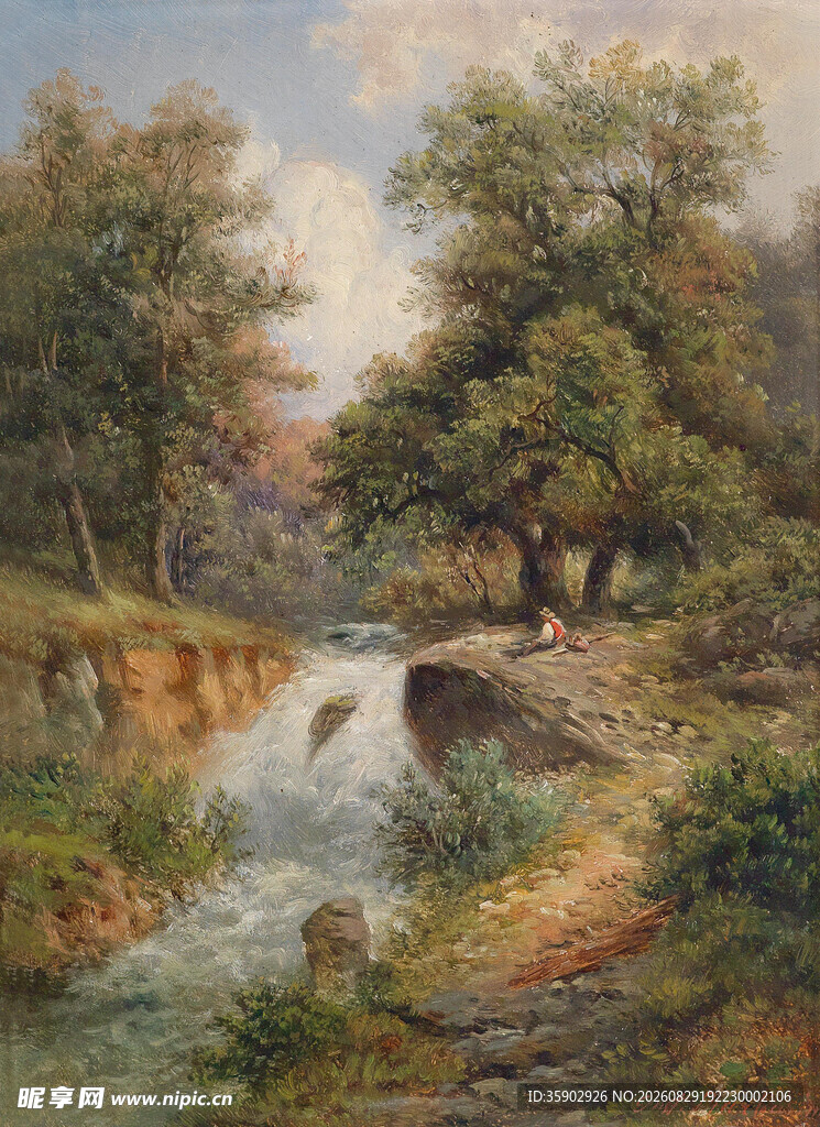 溪边树林风景油画