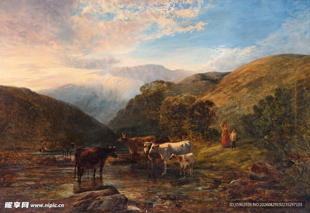 山间牧场景致油画