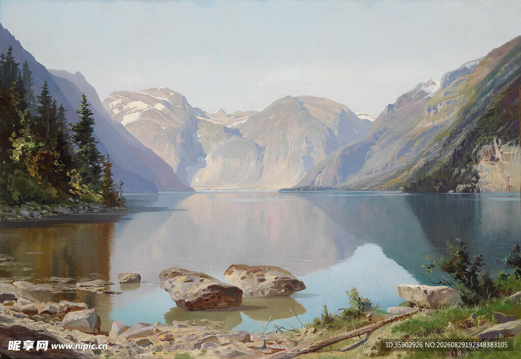 宁静山水湖景油画风光