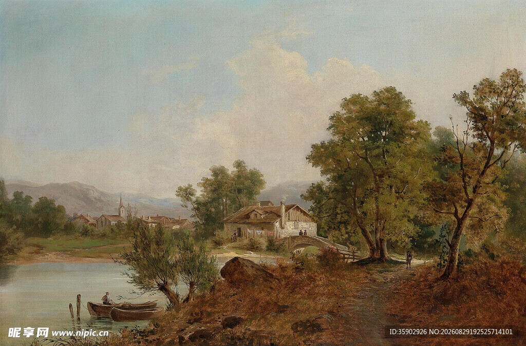 河畔乡村风景油画
