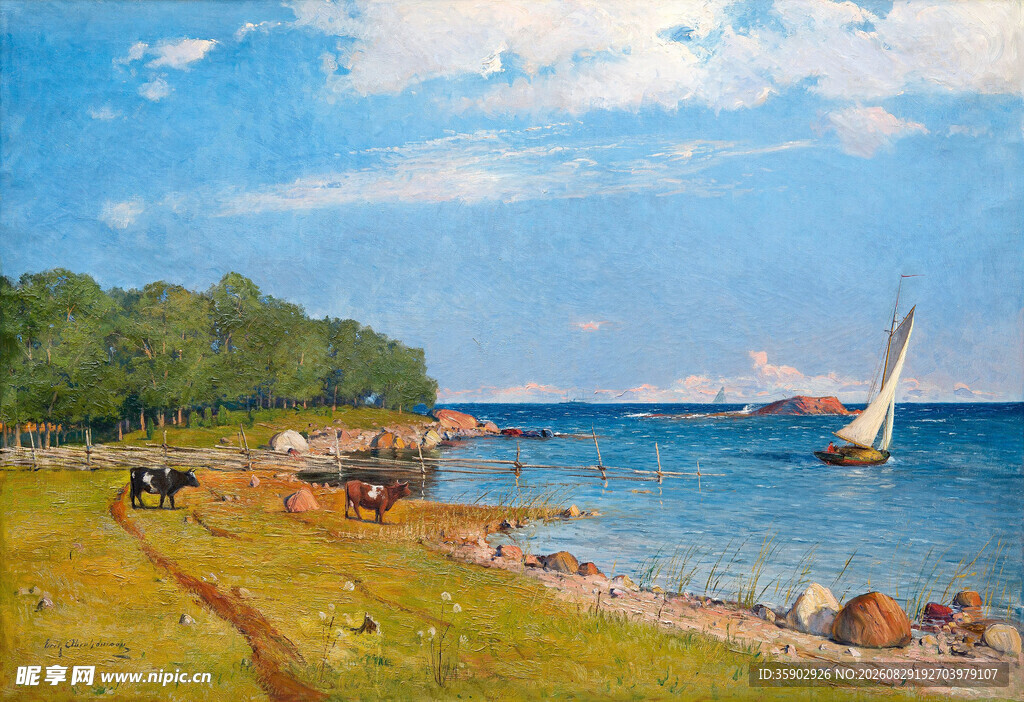 海滨田园风光油画场景
