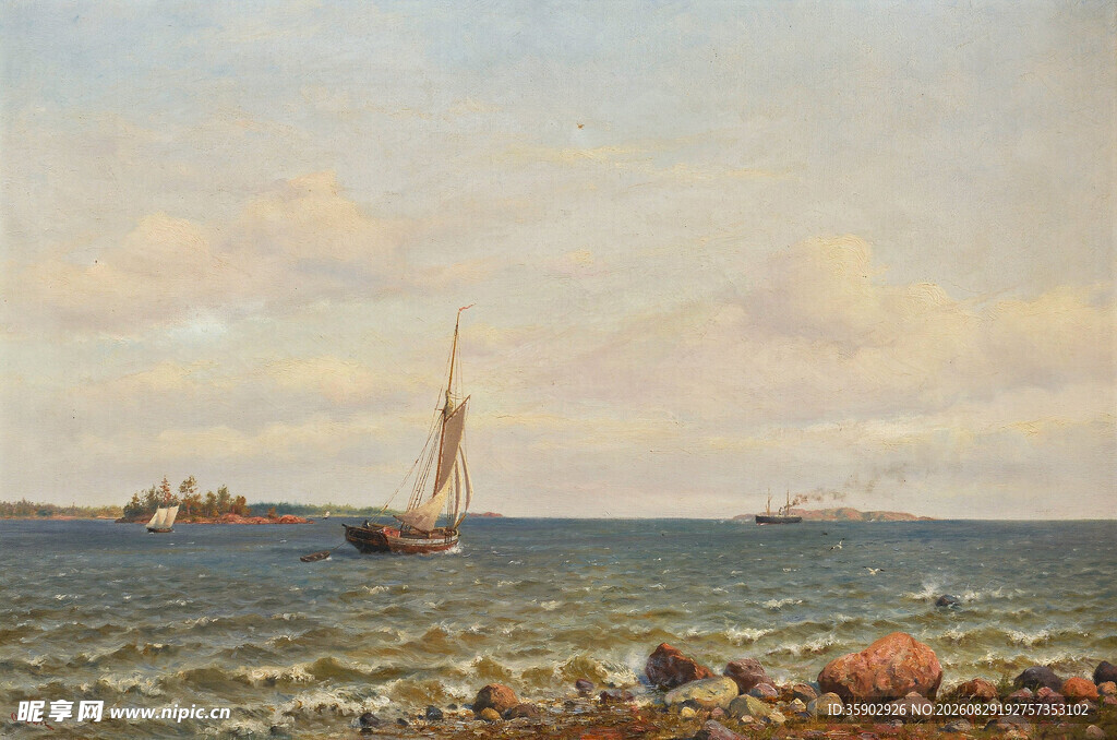 海上帆船风景油画