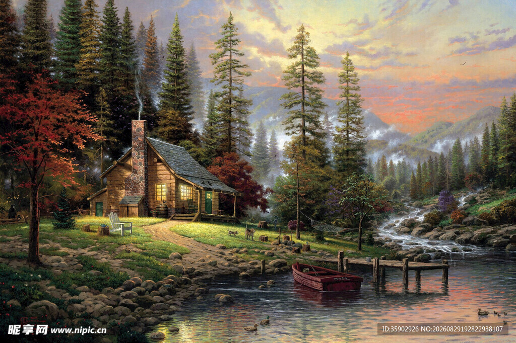 湖畔林间小屋的黄昏美景