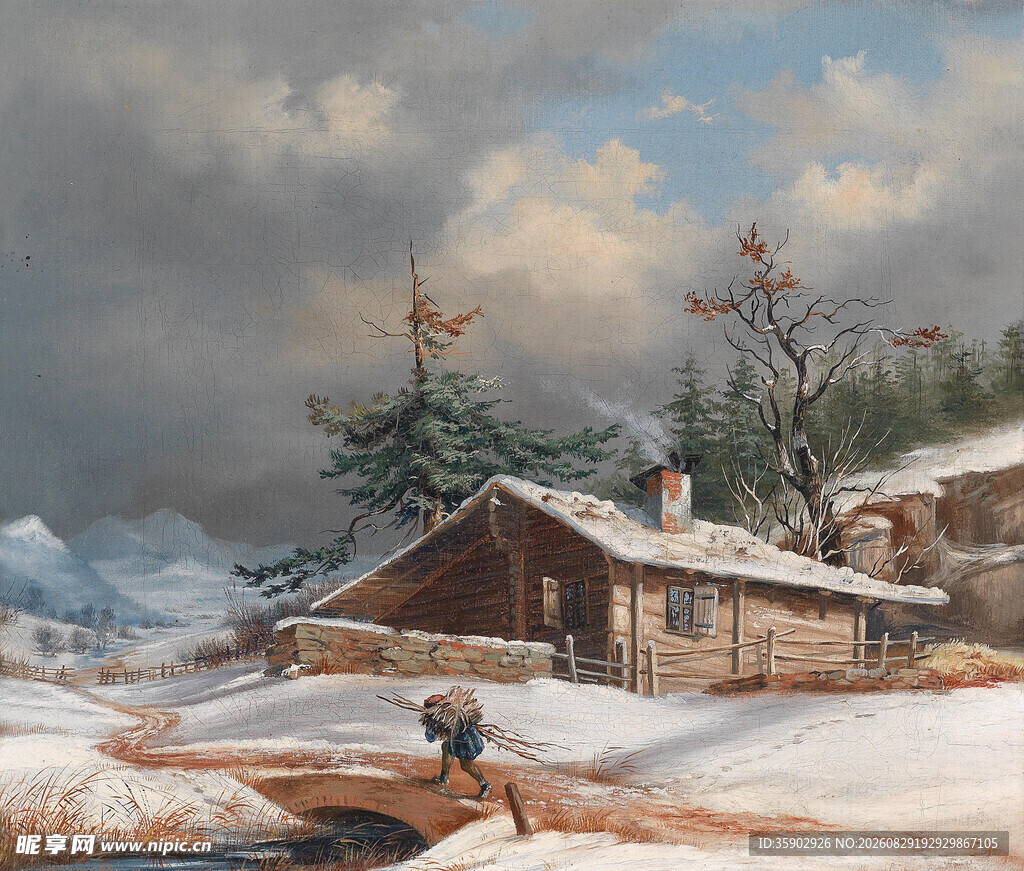 冬日乡村雪景中的静谧小屋