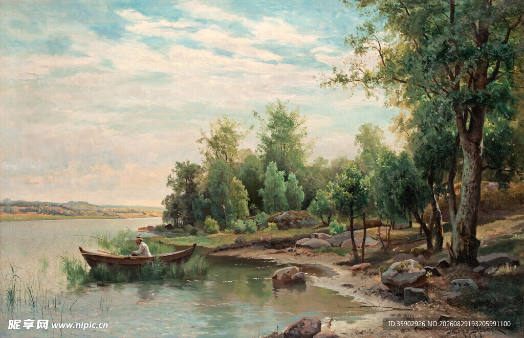 河畔小船风景油画
