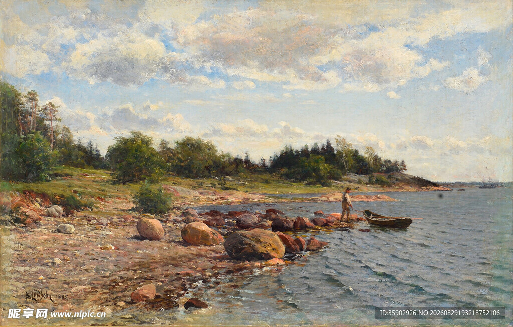 湖畔牛群风景油画