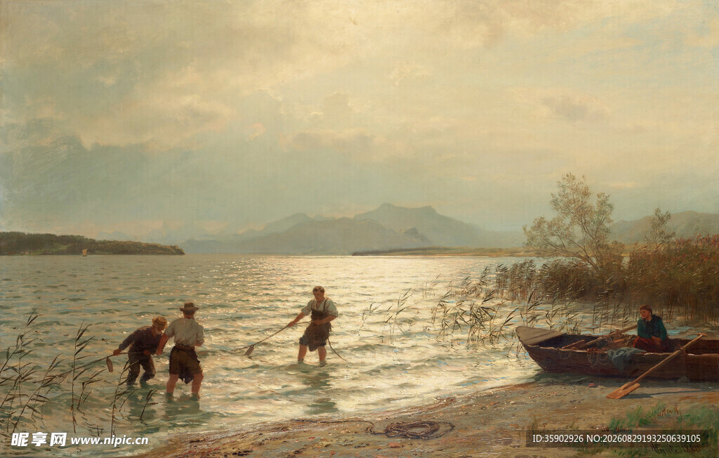 湖畔戏水场景