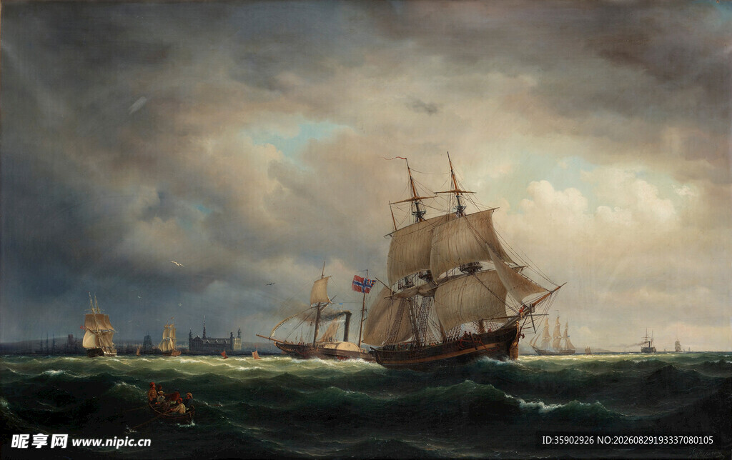 海上帆船航行油画场景