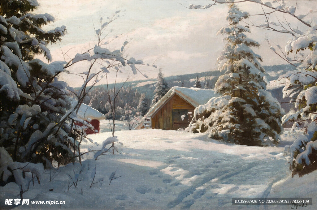 冬日雪中小屋静谧景象