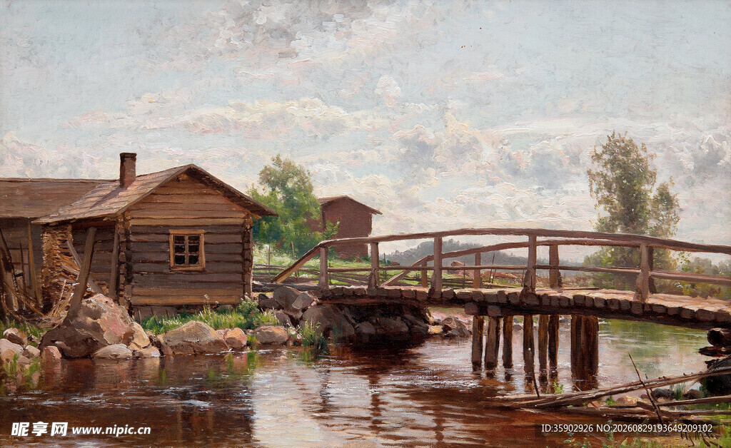乡村河畔小屋与木桥风景