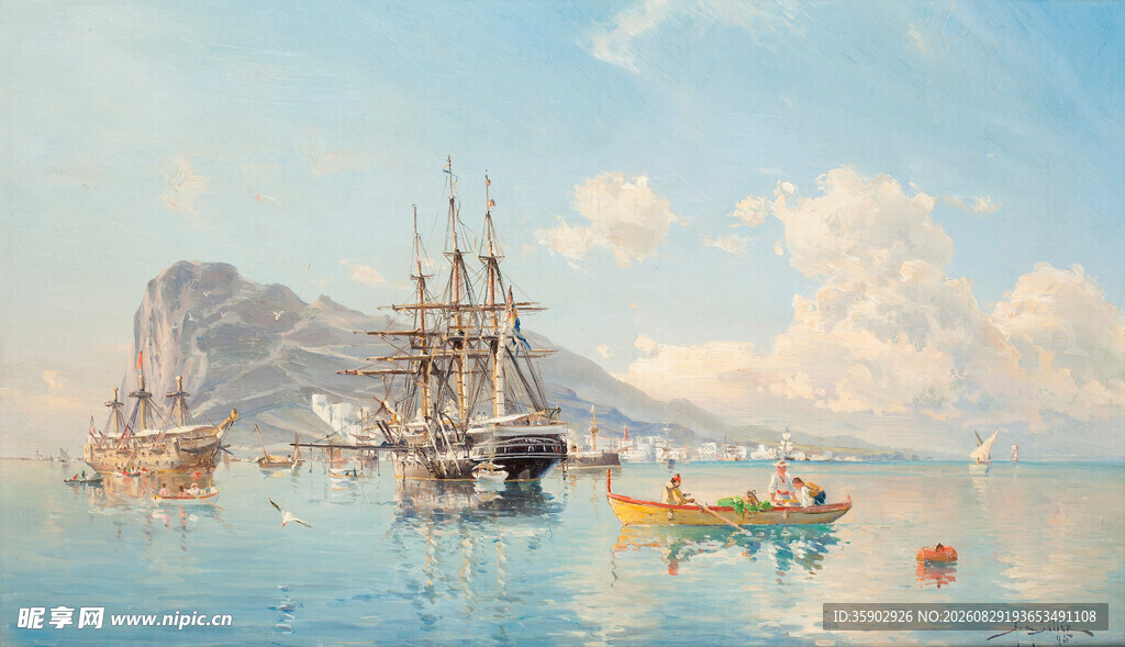 海上帆船风景油画作品