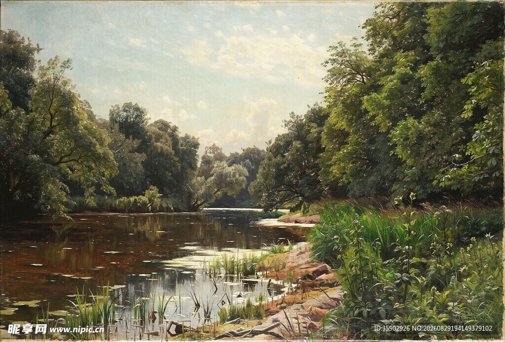 河畔绿荫风景油画