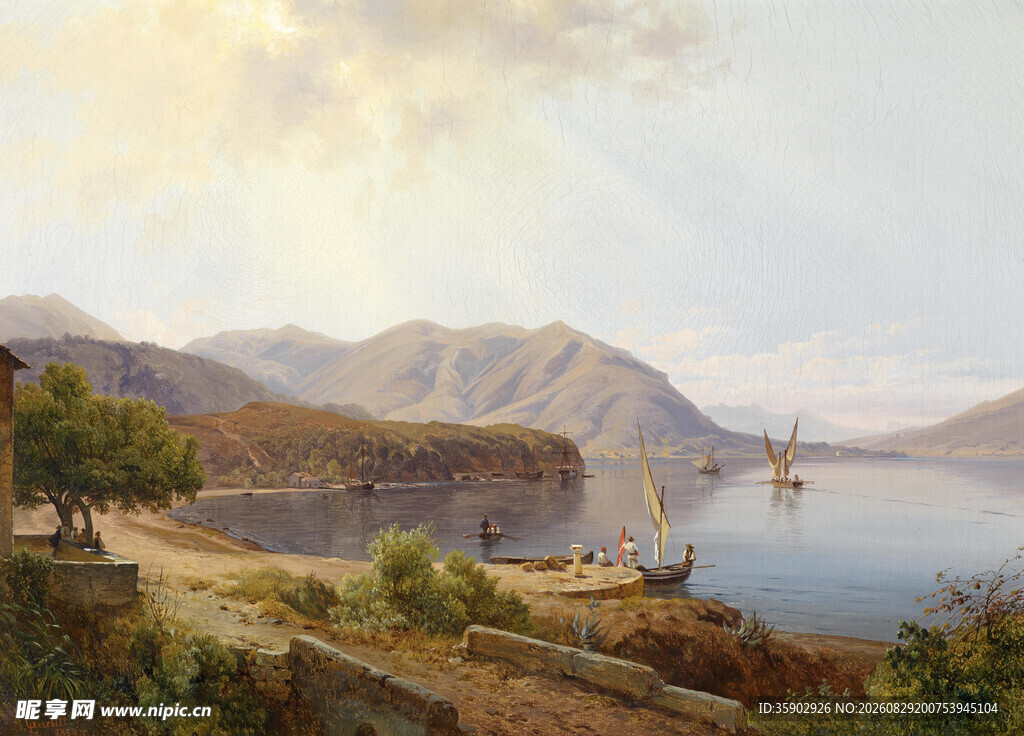 湖畔山川风景油画