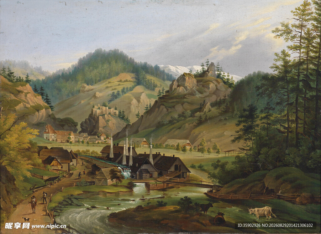 山间溪流风景油画