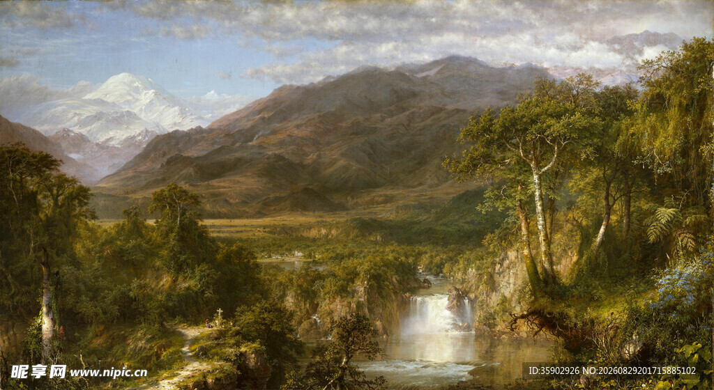 山间瀑布风景油画