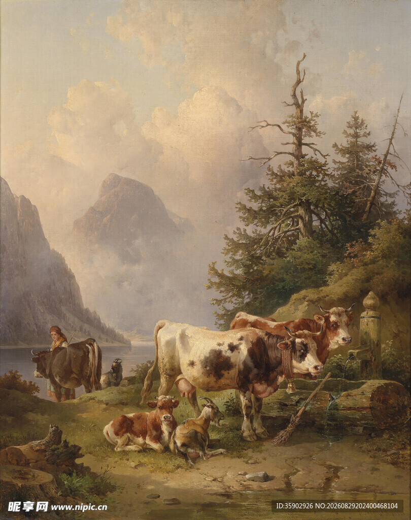 山间牧场景色油画