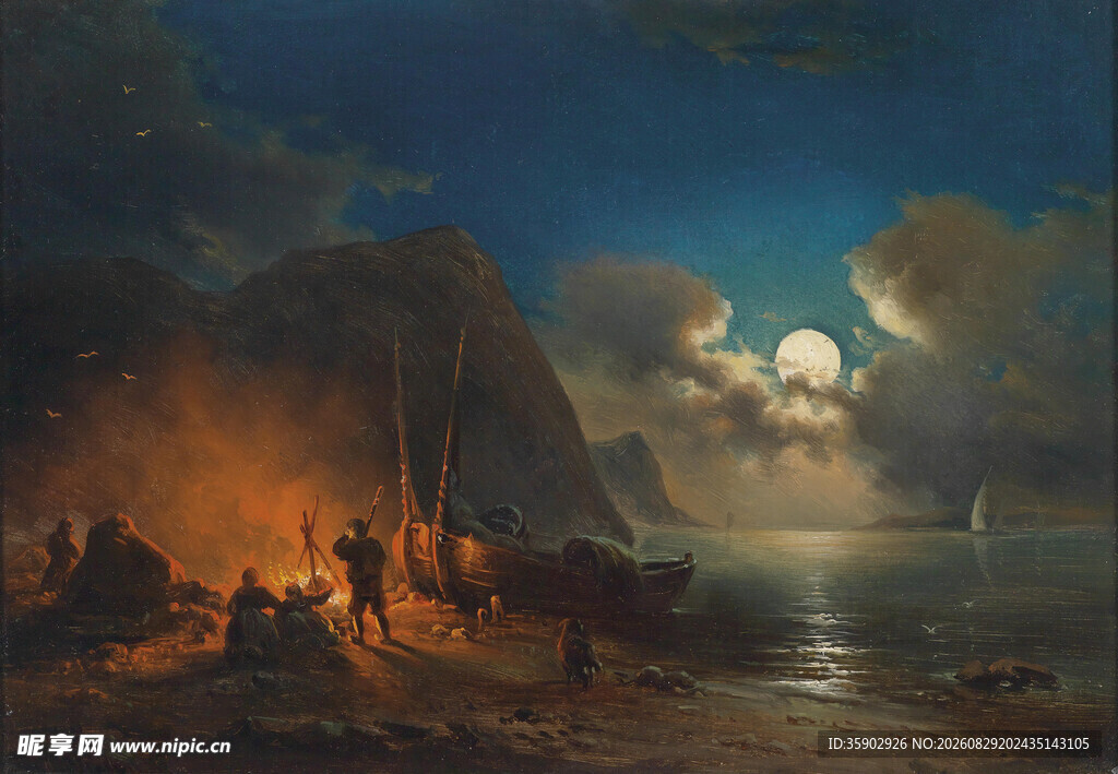 月夜海边篝火场景