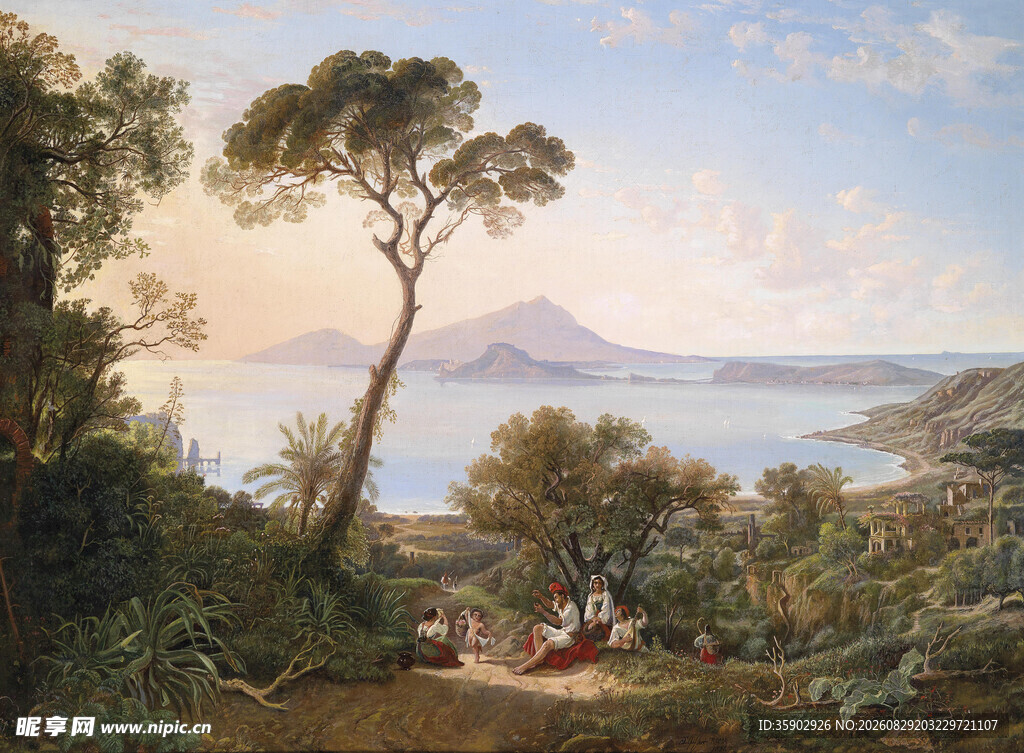 湖畔山林风景油画