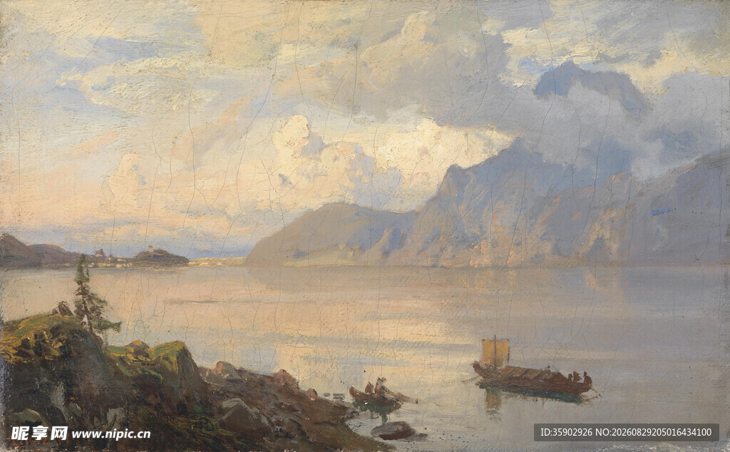 湖畔轻舟山水诗意画卷