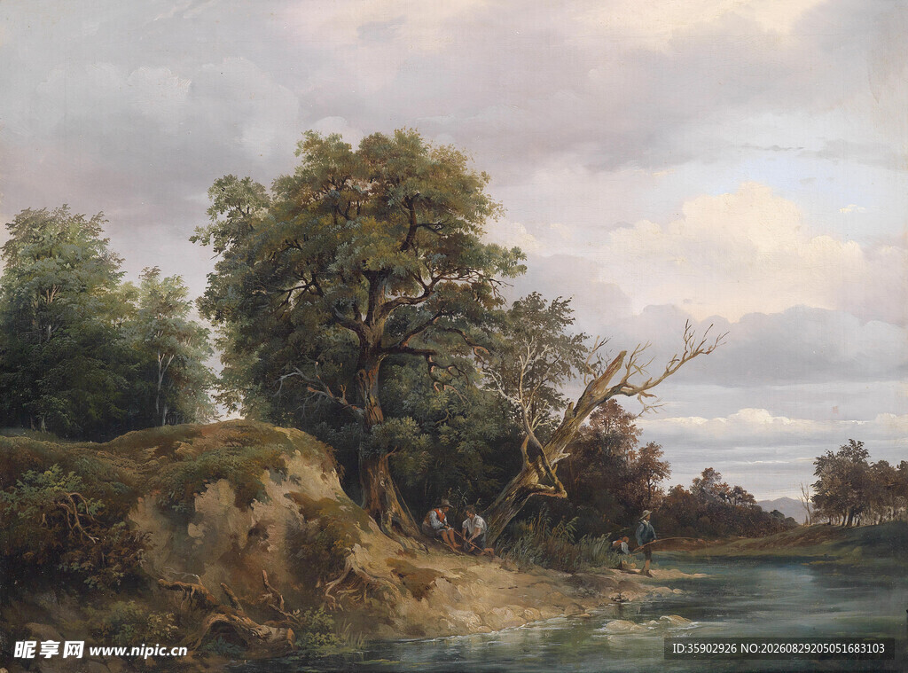 河畔树林风景油画