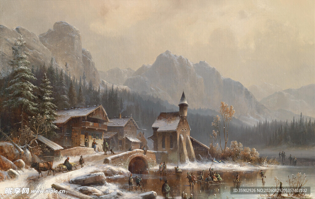 冬日湖畔雪景小屋风景