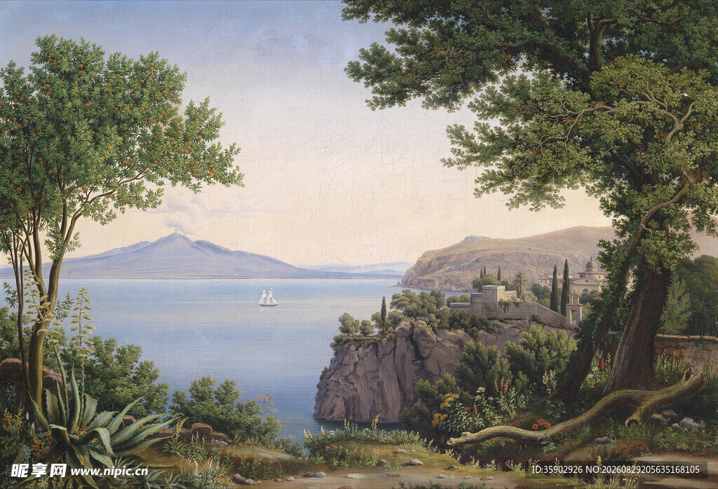 湖畔山林风景油画