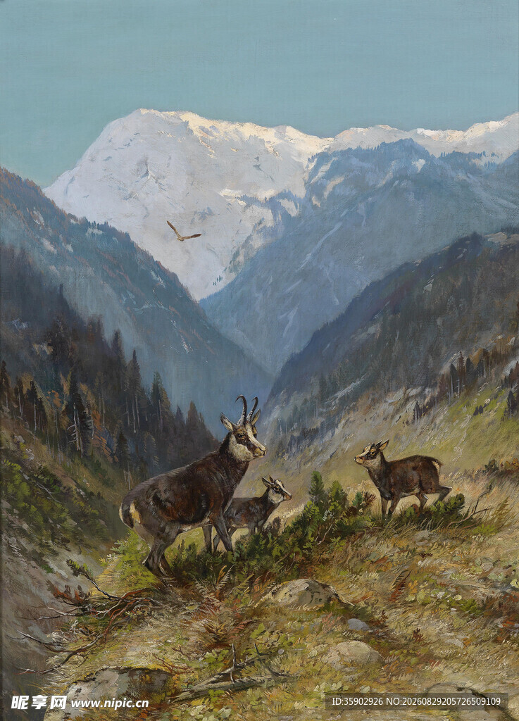 山间鹿群与壮丽雪山景观