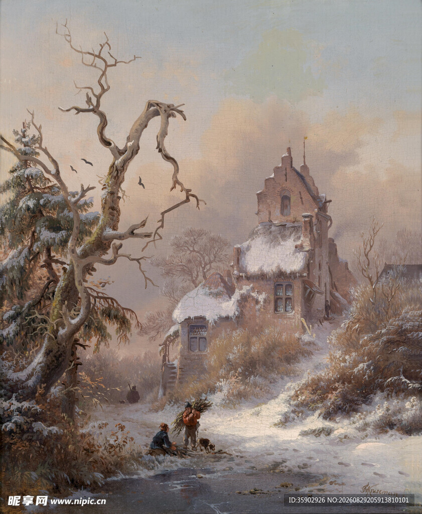冬日雪景中的温馨村庄