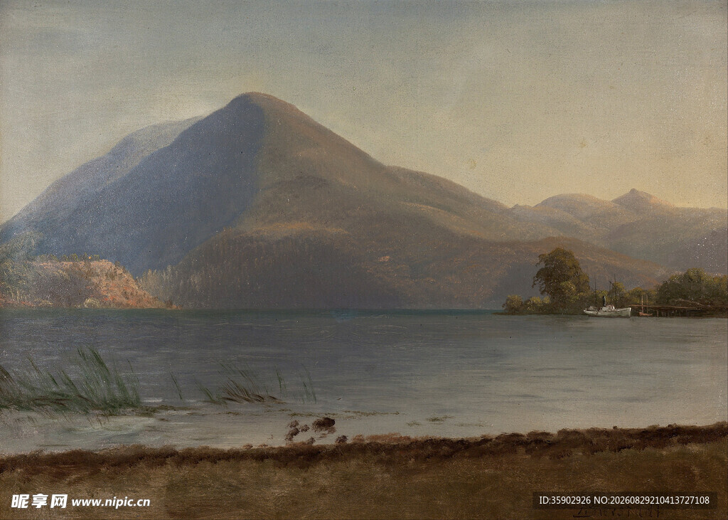 湖畔远山风景油画