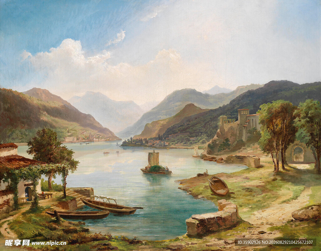 湖畔山水风景油画场景
