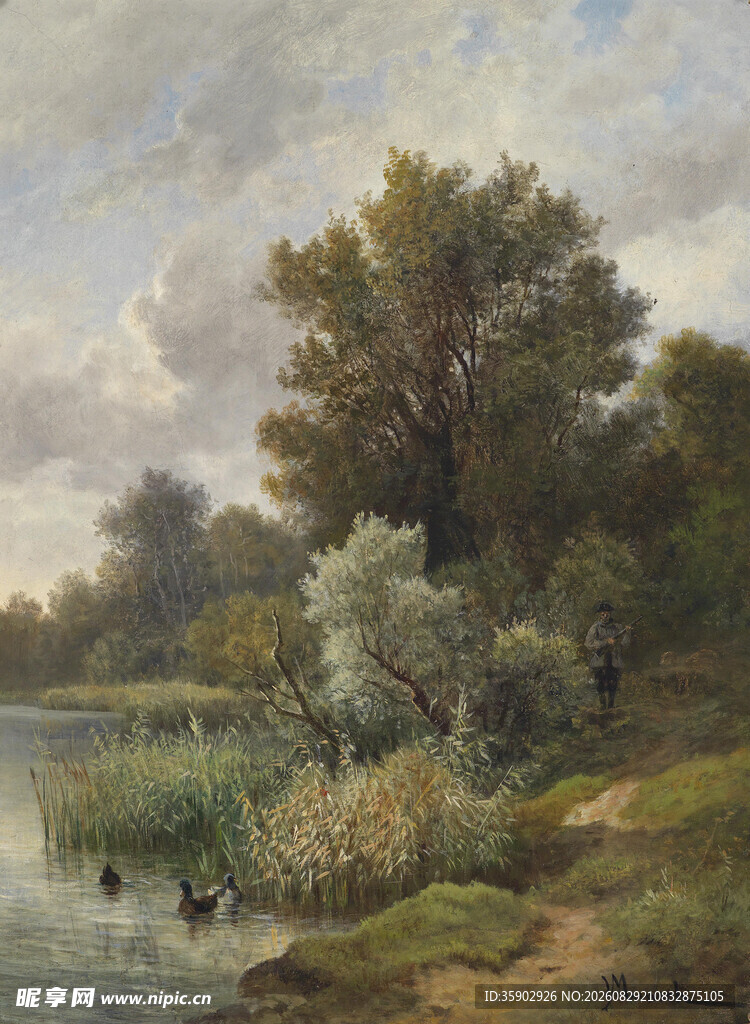 河畔树林风景油画