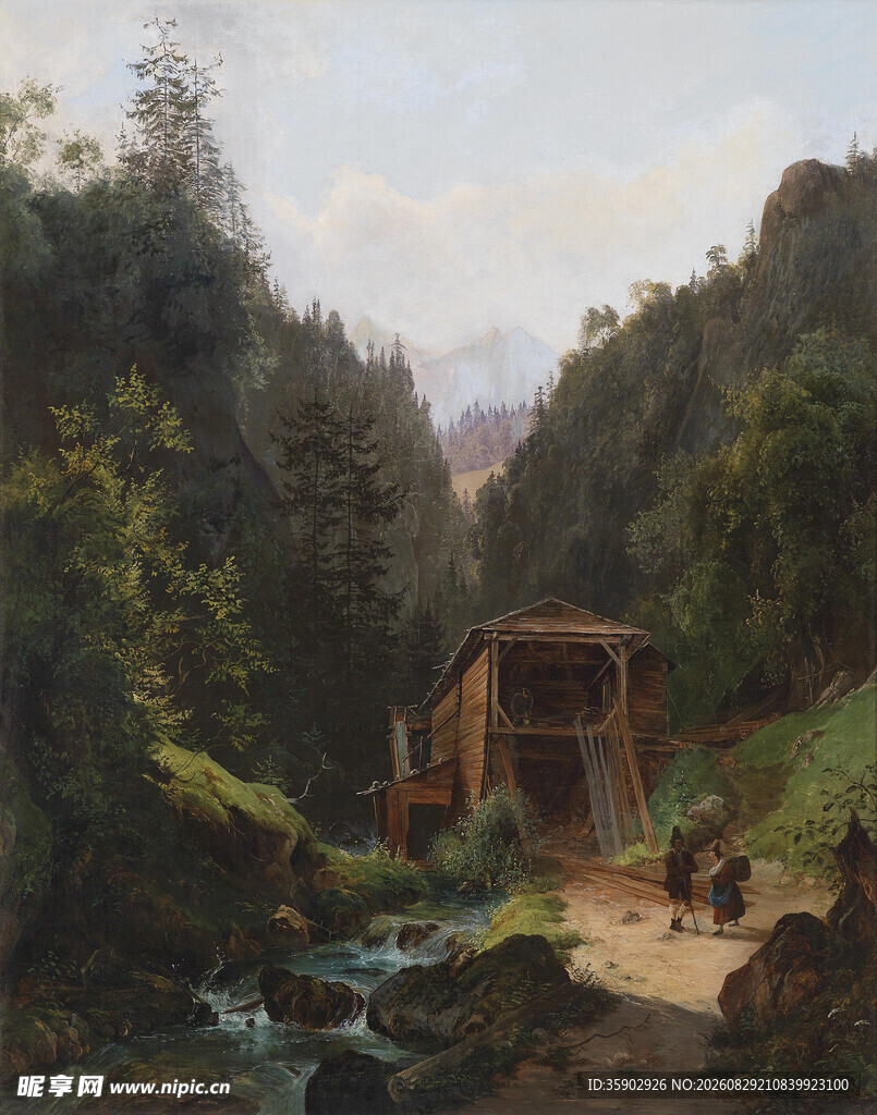 山间木桥旁的静谧风景