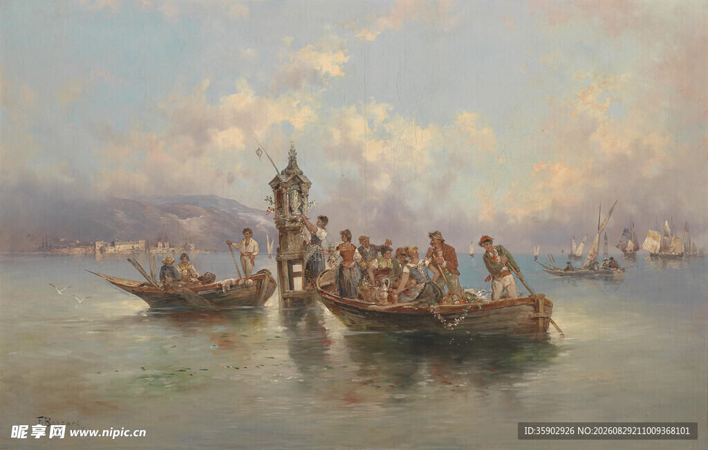 海上船只与人物场景画