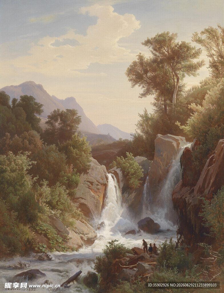 山间瀑布风景油画