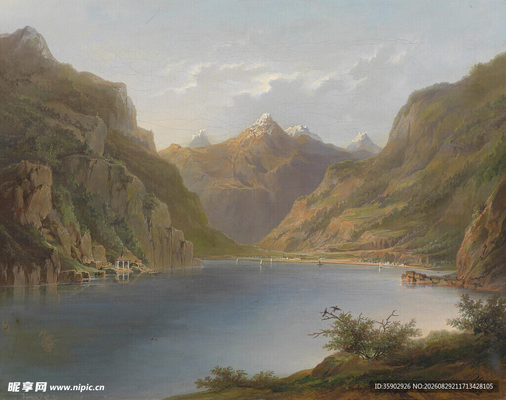 山间湖泊风景油画