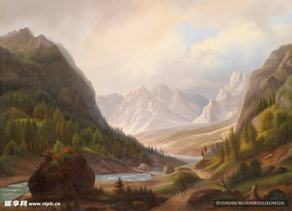 山间河流风景油画