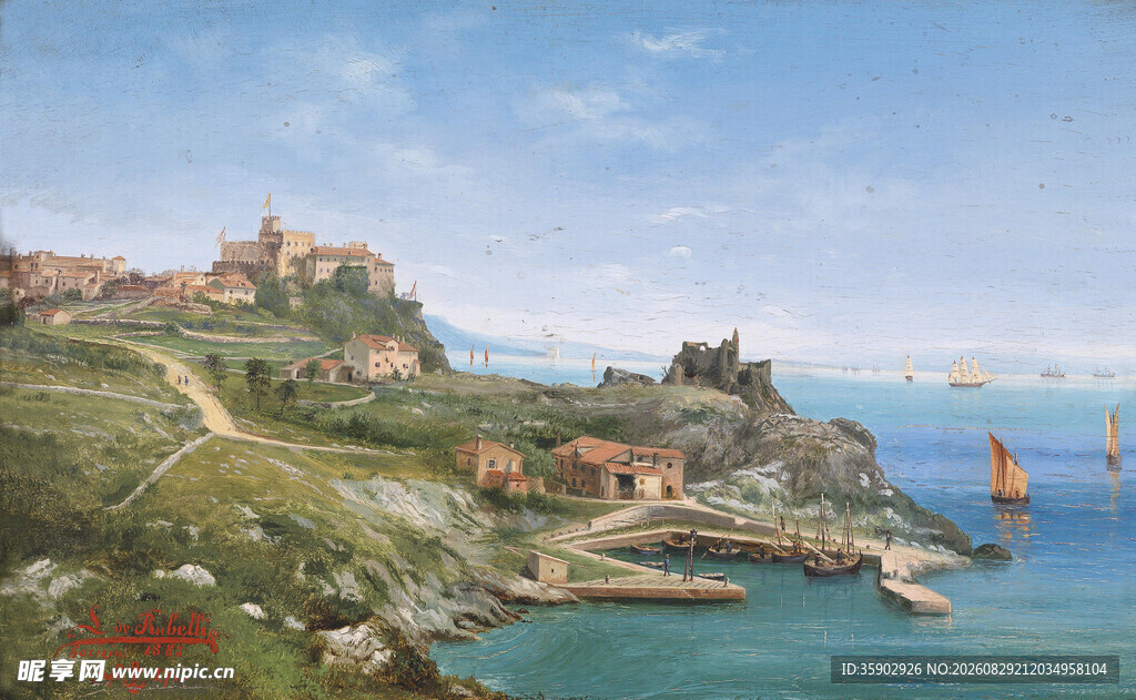 海边小镇风景油画