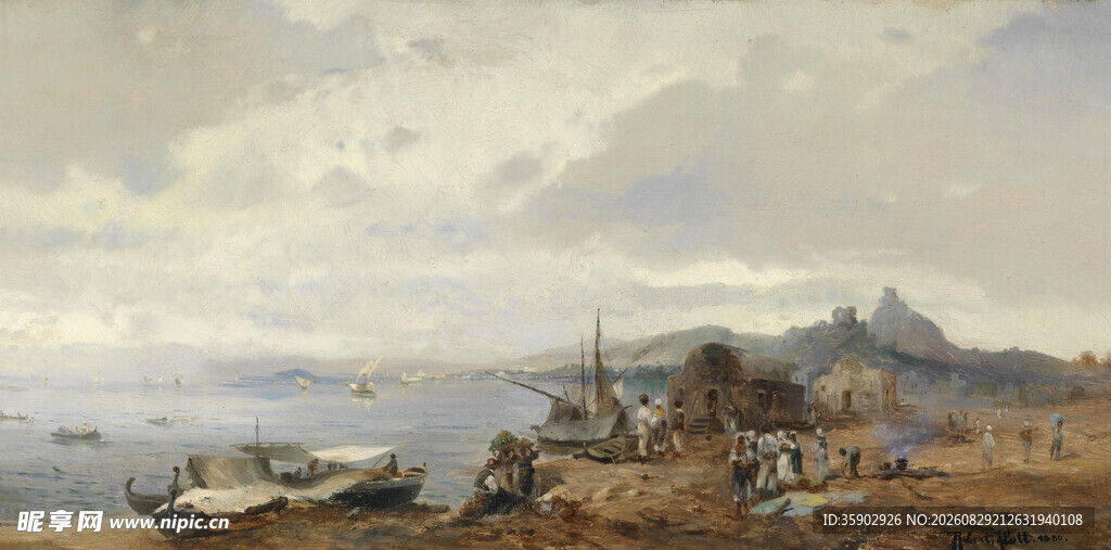 海边港口船只风景画作