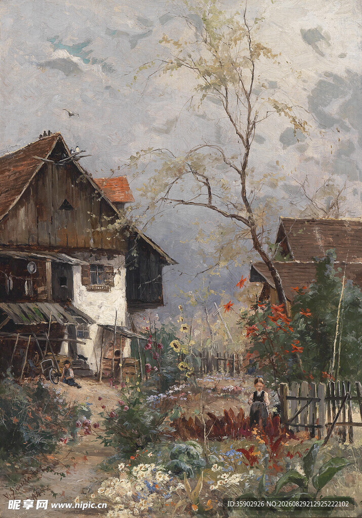 乡村风景油画中的宁静小屋