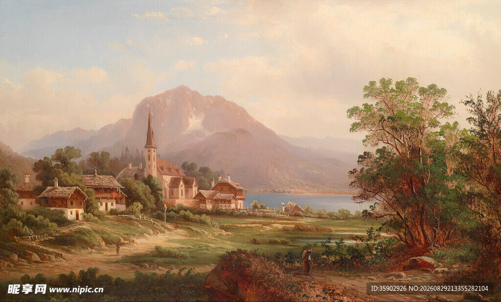 山间村落风景油画
