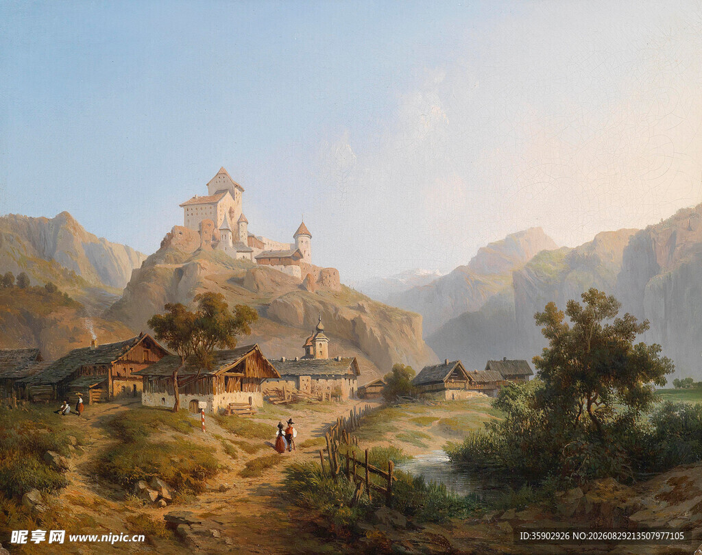 山间村落风景油画
