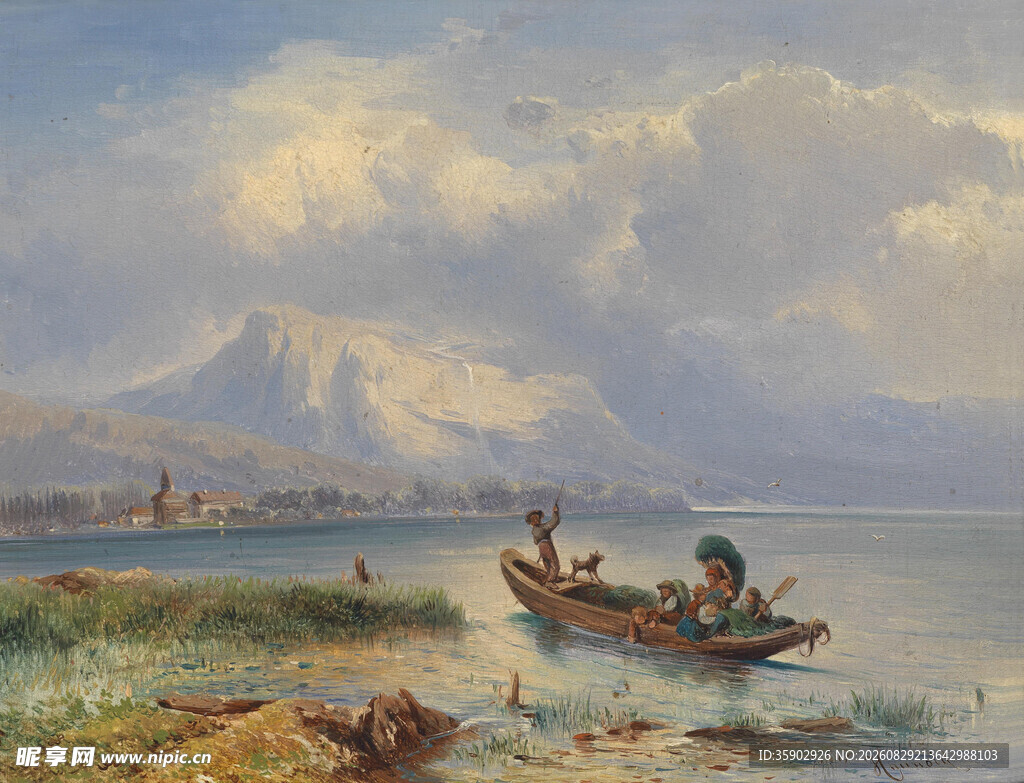 湖畔小船风景油画
